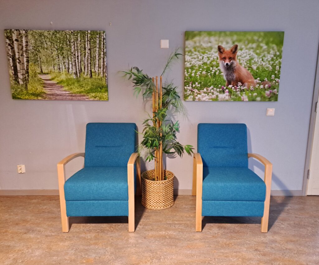 Onnikoti Oivan sisätilat, jossa siniset nojatuolit ja kaksi taulua.