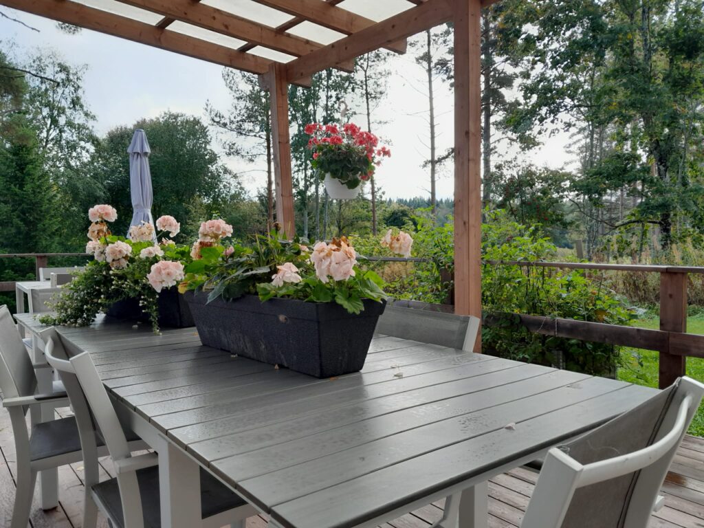 Terassi, jossa pihakalusteet ja kukkia