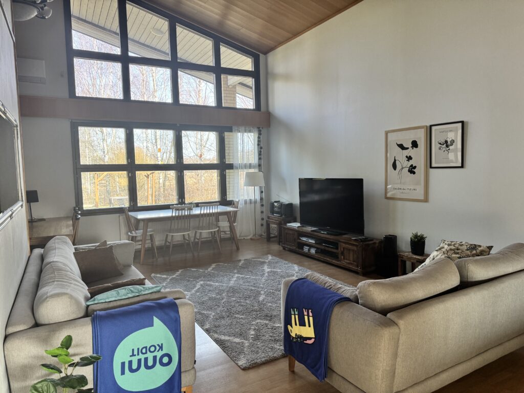 Fasaanitien olohuone, sohva, matto, tv, iso ikkuna