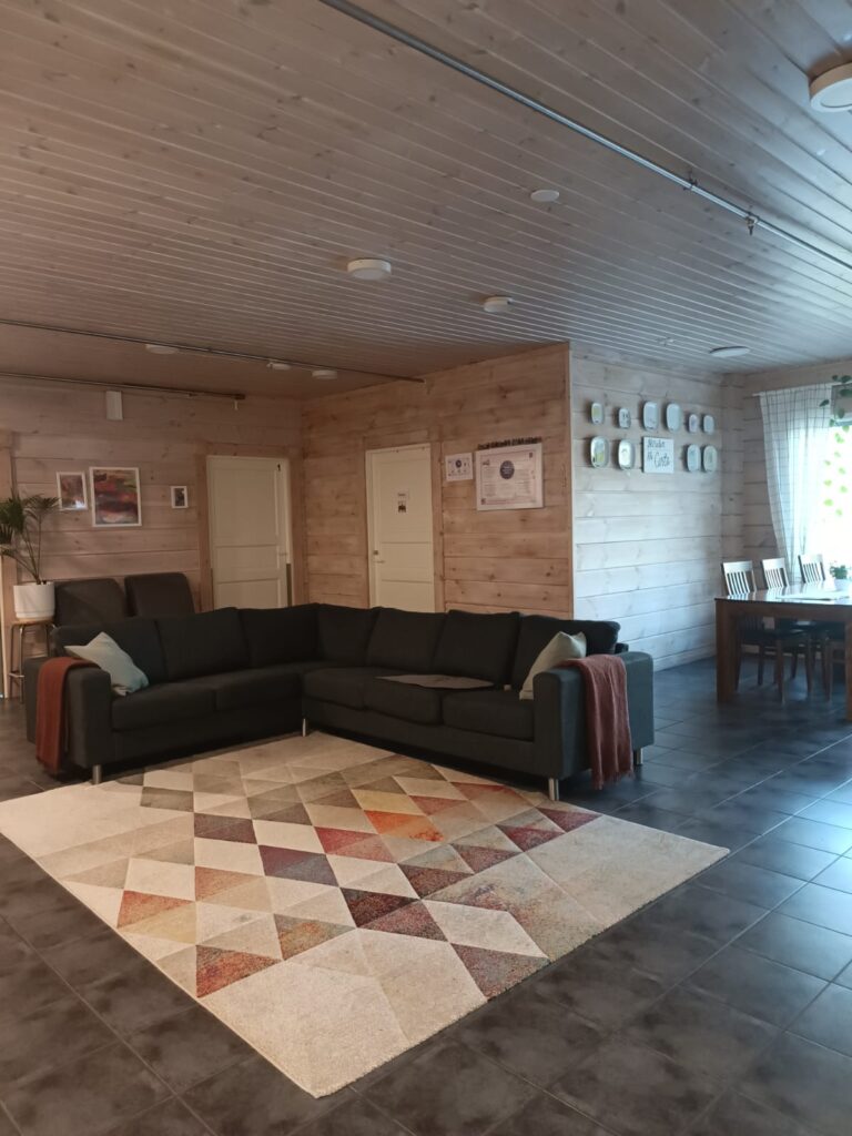 Olskelutila, harmaa lattia, puiset seinät, musta sohva, värikäs salmiakkikuvioinen matto