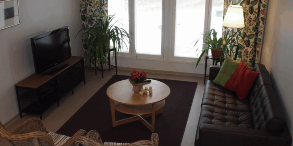 Onnikoti Kartanon tila, jossa on sohva, sohvapöytä, televisio ja kaksi tuolia.