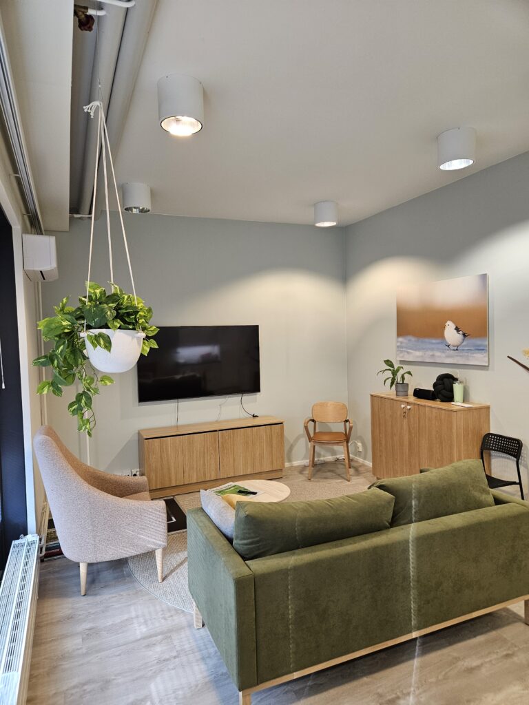 Onnikoti Orvokki sisätilat, oleskelutila, jossa vihreä sohva, nojatuoleja ja televisio