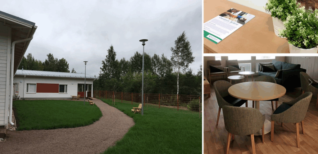 Onnikoti Kehrä. Yksikkö kuvattuna ulkoa päin sekä kuva ruokailuryhmästä.