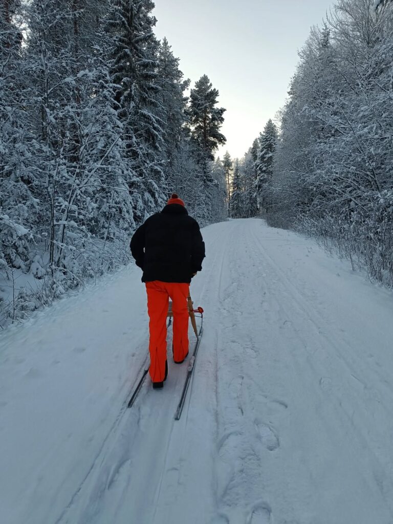 Henkilö potkukelkkailemassa lumisessa maisemassa metsässä.