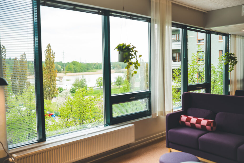 Fredrikin olohuone, riippuva kasvi, ikkunasta merinäköala.