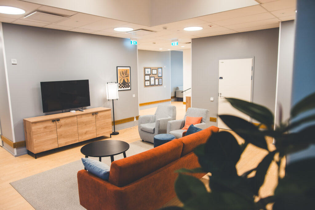 Yhteinen oleskelutila, oranssi sohva, harmaat nojatuolit, oranssit verhot, puinen tv-taso, jossa televisio.