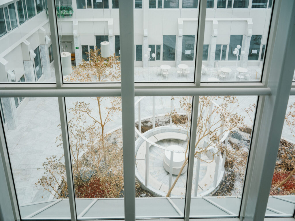 Onnikodin atriumpiha, kasveja ja ikkunoita