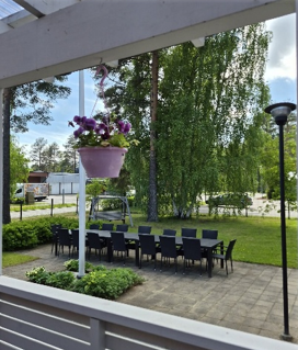 Vihreä piha-alue, jossa suuri ruokailuryhmä. 
