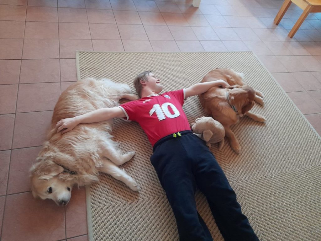 Asukas makaa kahden koiran kanssa maassa punainen paita päällä.